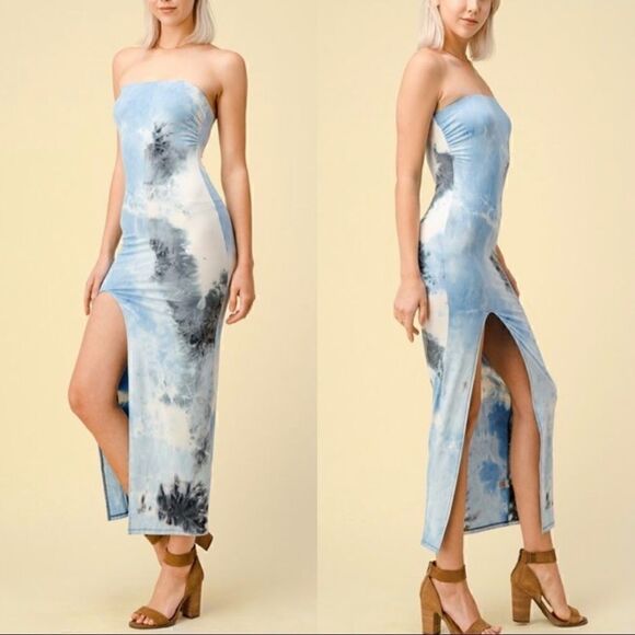 Only 1 Large Left! Blue Tie Dye Strapless Maxi Dress - Picture 4 of 9